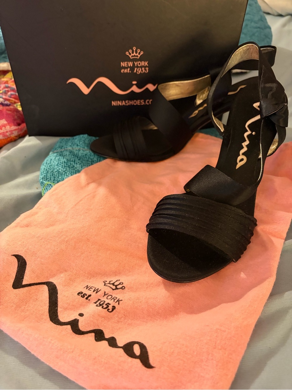 Nina Black Satin Open-Toe Ankle Tie Heels - Nina